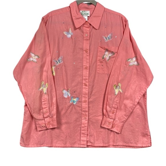 The Quacker Factory Embroidered Butterfly Linen Cotton Button Up Shirt Size 1X - Picture 1 of 7